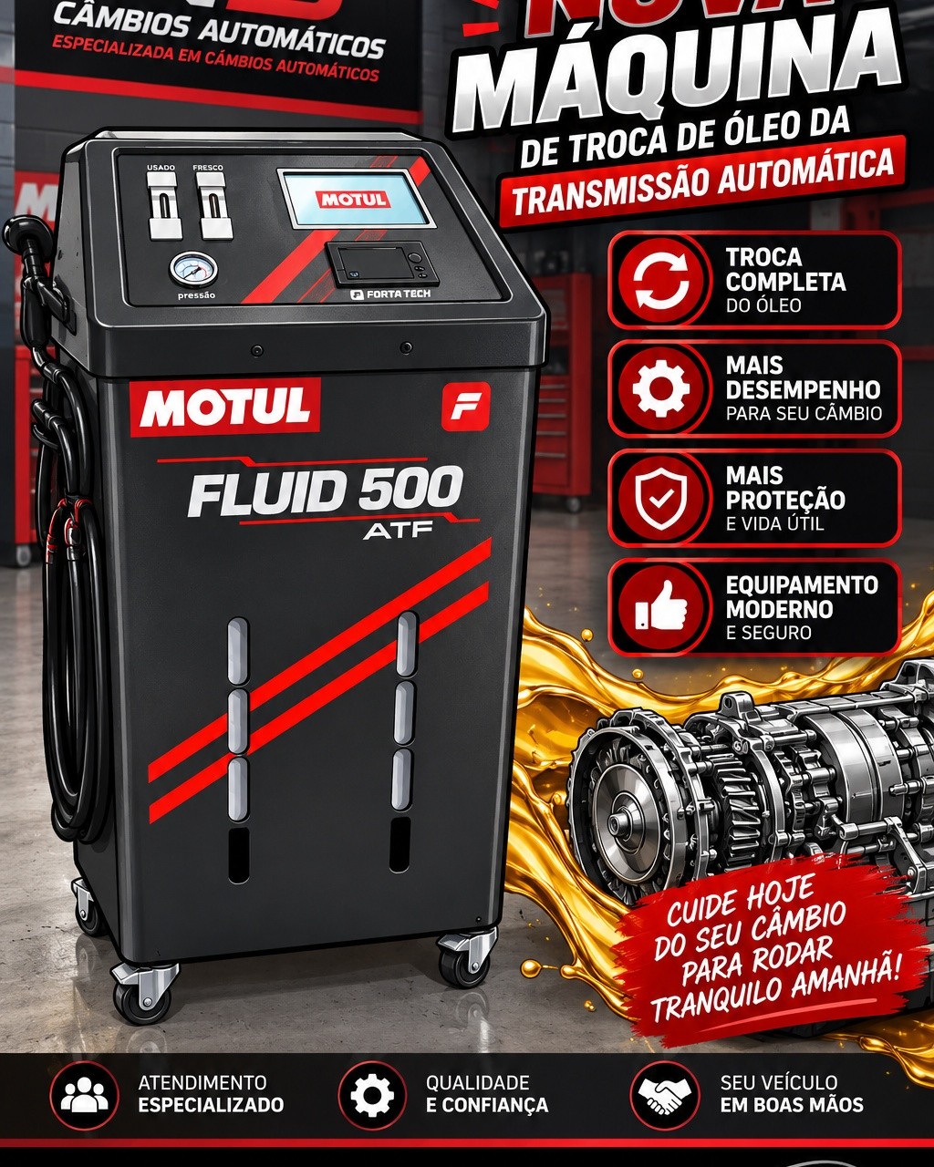 Máquina MOTUL FLUID 500 ATF para troca completa do fluido de câmbio automático na NS Câmbio Automático